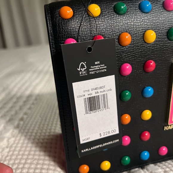 NWT KARL LAGERFELD Black Candy Dot Studded Leather Simoné Flat Crossbody Bag - Picture 3 of 9